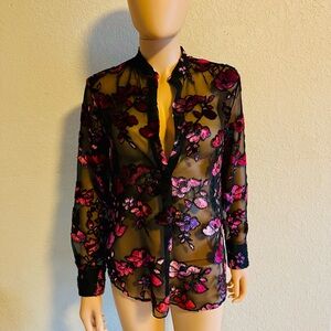 Alice + Olivia Black and Pink Floral Burnout Blouse